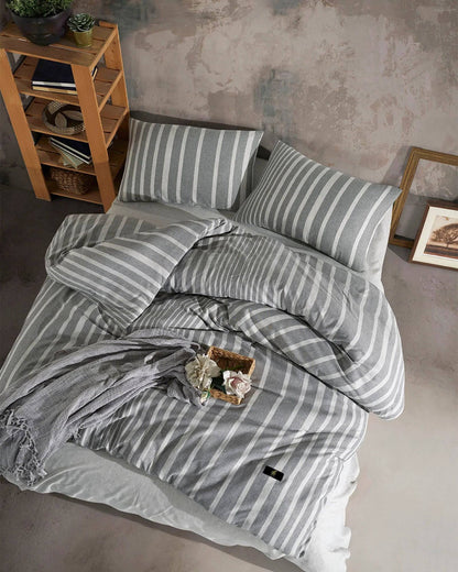 Duvet Cover Set 400TC Cotton Dark Grey With Light Grey Stripes