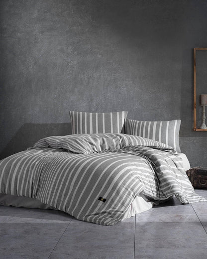 Duvet Cover Set 400TC Cotton Dark Grey With Light Grey Stripes