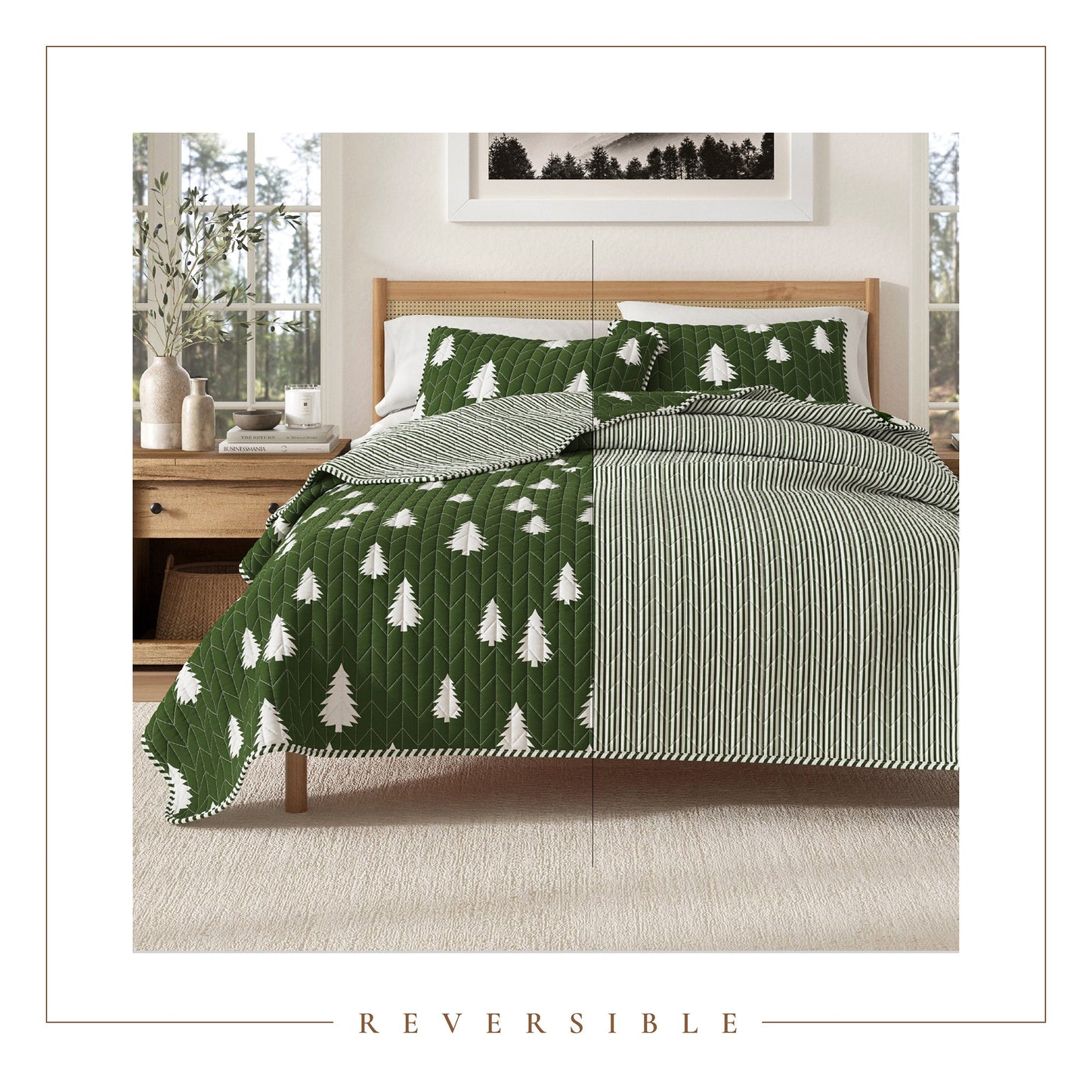 Lodge Printed Quilt - Olive Green With Tree Outlines - Fall & Holiday Themed Bedding