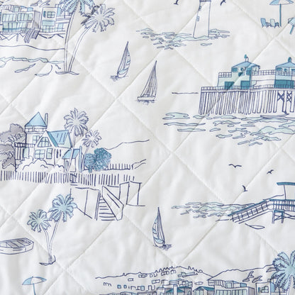 Coastal Toile Sailboat Quilt Set - White & Light Blue Coastal Bedding