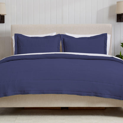 Coastal & Nautical Textured Striped Quilt Set - White, Light Grey & Navy