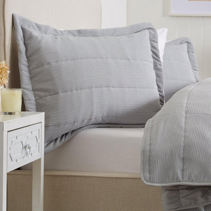 Coastal & Nautical Textured Striped Quilt Set - White, Light Grey & Navy