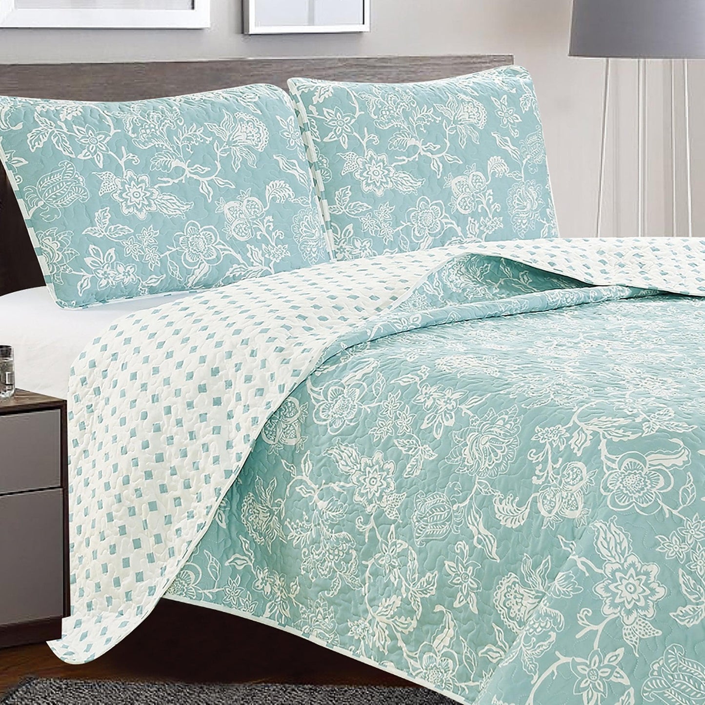 Coastal Floral Quilt Set - Coastal Floral Bedding - Aqua & Grey Color Options