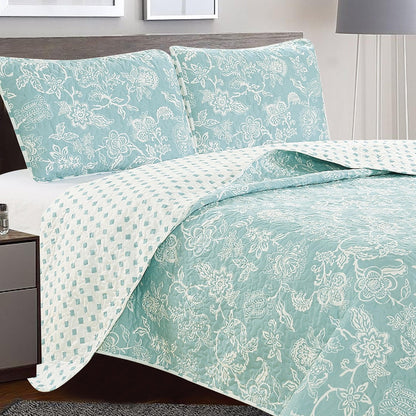 Coastal Floral Quilt Set - Coastal Floral Bedding - Aqua & Grey Color Options