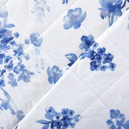 Coastal Floral Blue And White Quilt Set With Scalloped Edges - Lightweight Microfiber