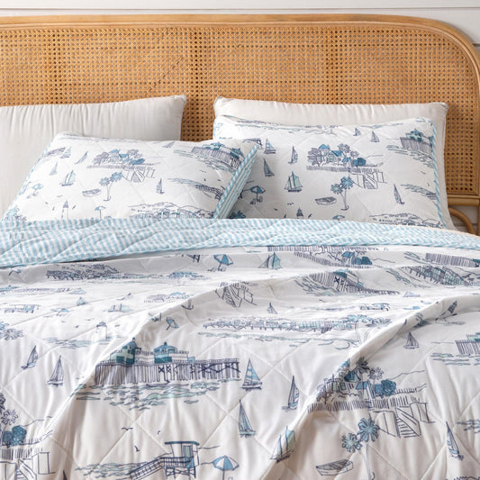 Coastal Toile Sailboat Quilt Set - White & Light Blue Coastal Bedding