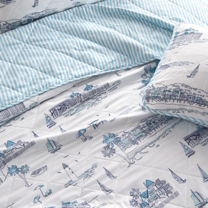 Coastal Toile Sailboat Quilt Set - White & Light Blue Coastal Bedding