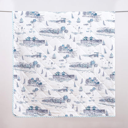 Coastal Toile Sailboat Quilt Set - White & Light Blue Coastal Bedding