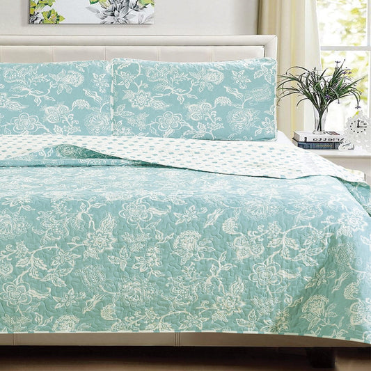 Coastal Floral Quilt Set - Coastal Floral Bedding - Aqua & Grey Color Options