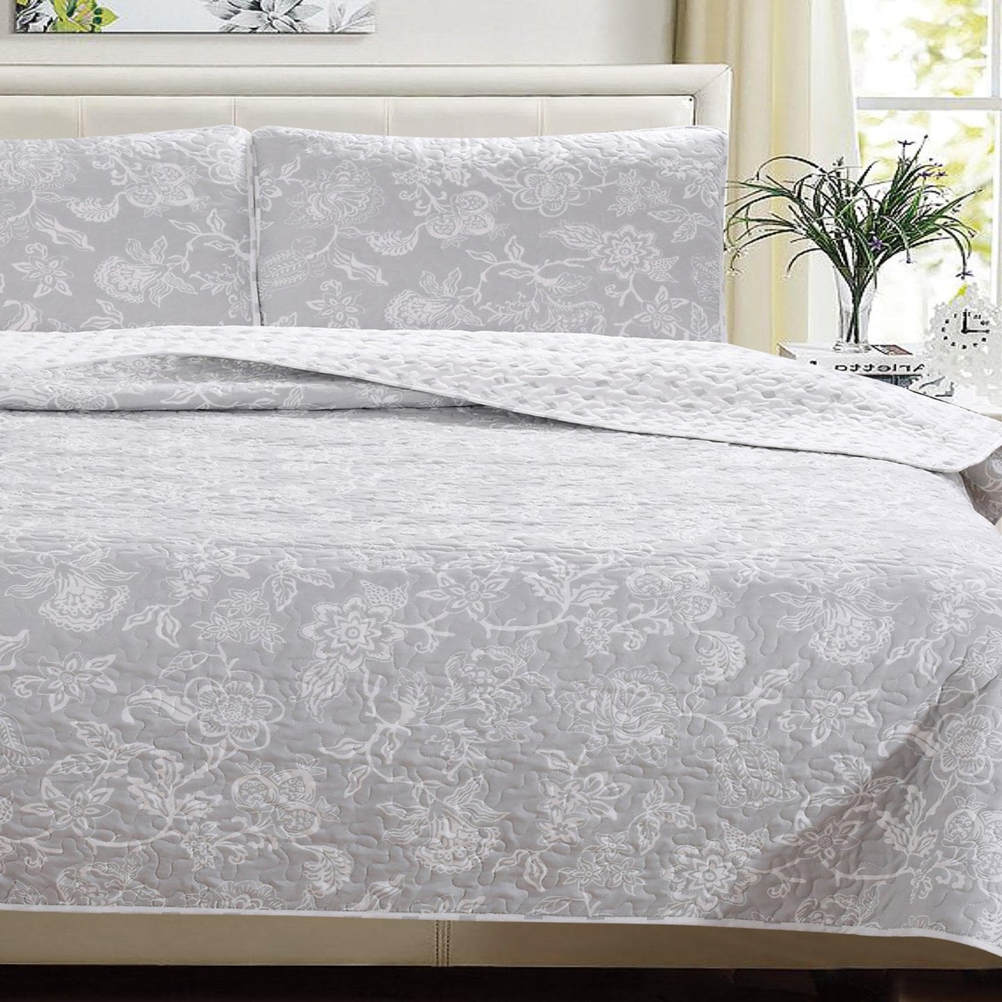 Coastal Floral Quilt Set - Coastal Floral Bedding - Aqua & Grey Color Options