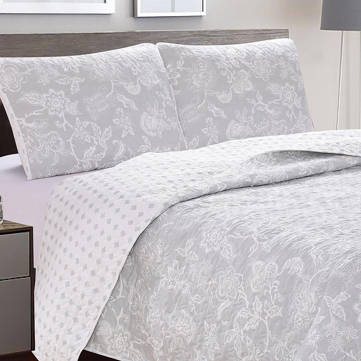 Coastal Floral Quilt Set - Coastal Floral Bedding - Aqua & Grey Color Options