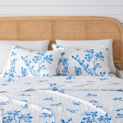 Coastal Floral Blue And White Quilt Set With Scalloped Edges - Lightweight Microfiber