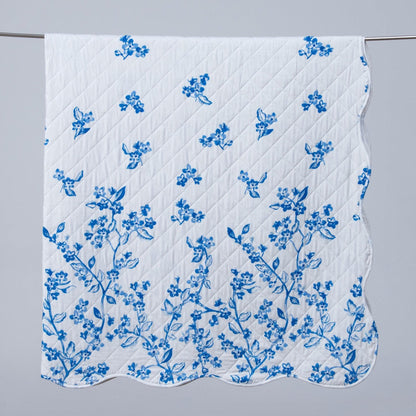 Coastal Floral Blue And White Quilt Set With Scalloped Edges - Lightweight Microfiber