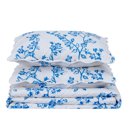 Coastal Floral Blue And White Quilt Set With Scalloped Edges - Lightweight Microfiber