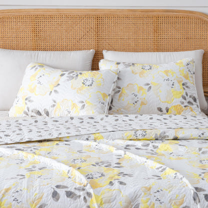 Floral Quilt Set - Yellow & Grey - Floral Themed Bedding