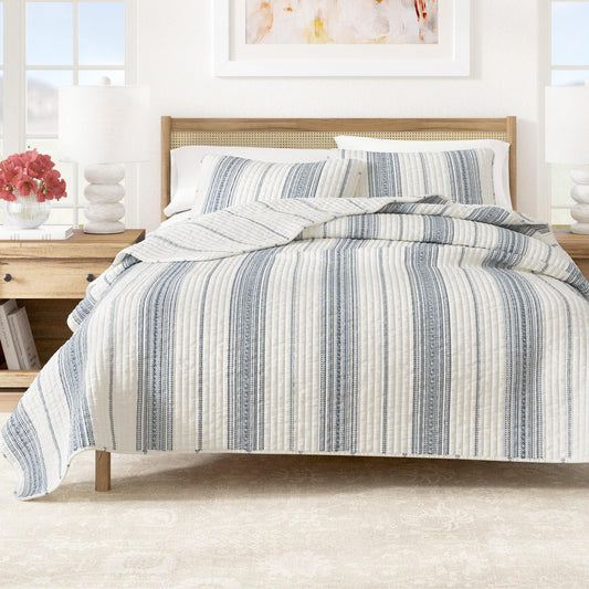 Coastal Stripe Quilt - White Quilt With Navy, Red, Green Or Grey Stripes