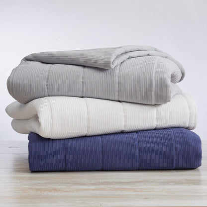 Coastal & Nautical Textured Striped Quilt Set - White, Light Grey & Navy