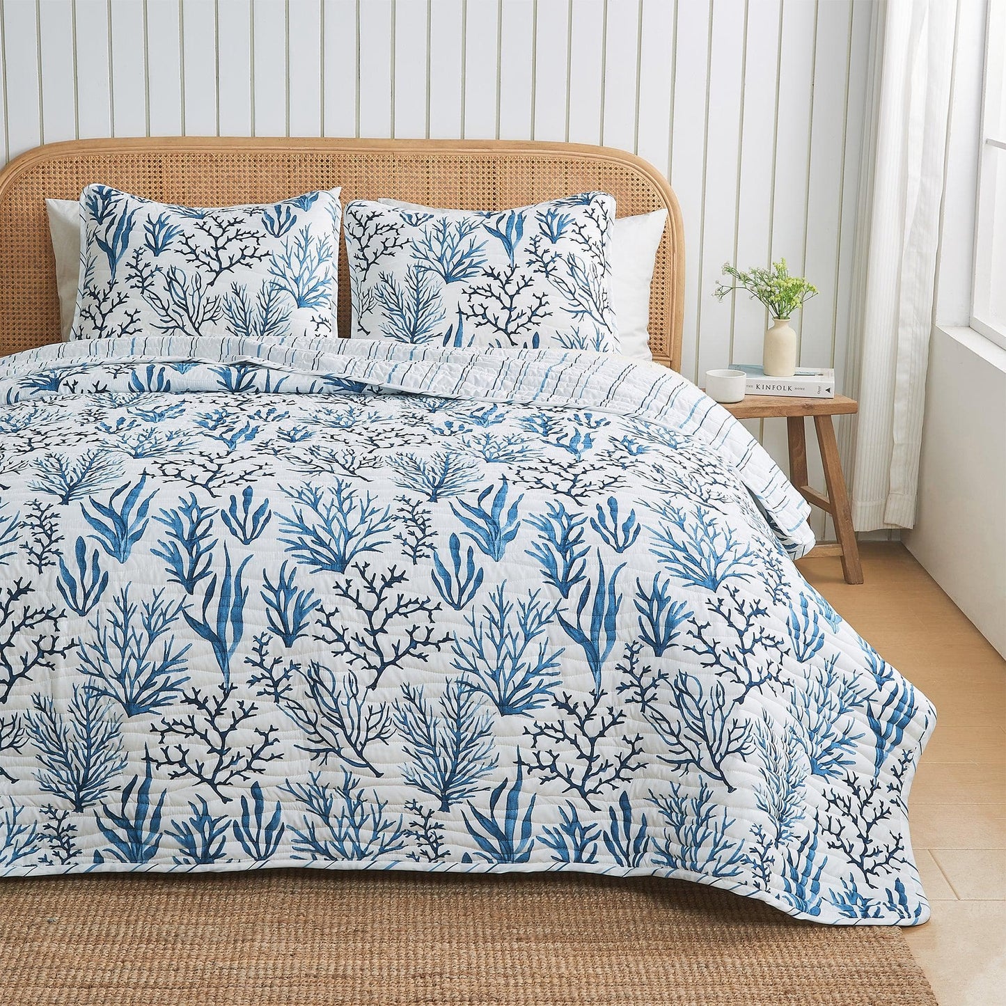 Coastal Navy Coral Quilt Set | Saelia Collection| Lightweight Microfiber