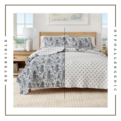 Nautical Printed Cotton Quilt Set - Navy & White Pineapple Themed Bedding