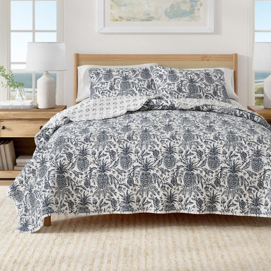Nautical Printed Cotton Quilt Set - Navy & White Pineapple Themed Bedding
