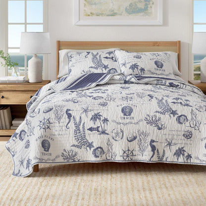 Bed with nautical-themed bedding in a bright room with windows and decor.