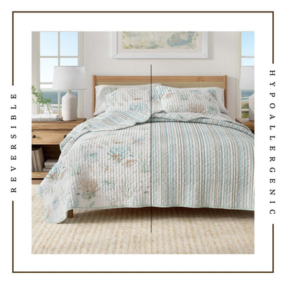 Coastal Pastel Coral Cotton Quilt Set - Coral Themed Bedding Sets