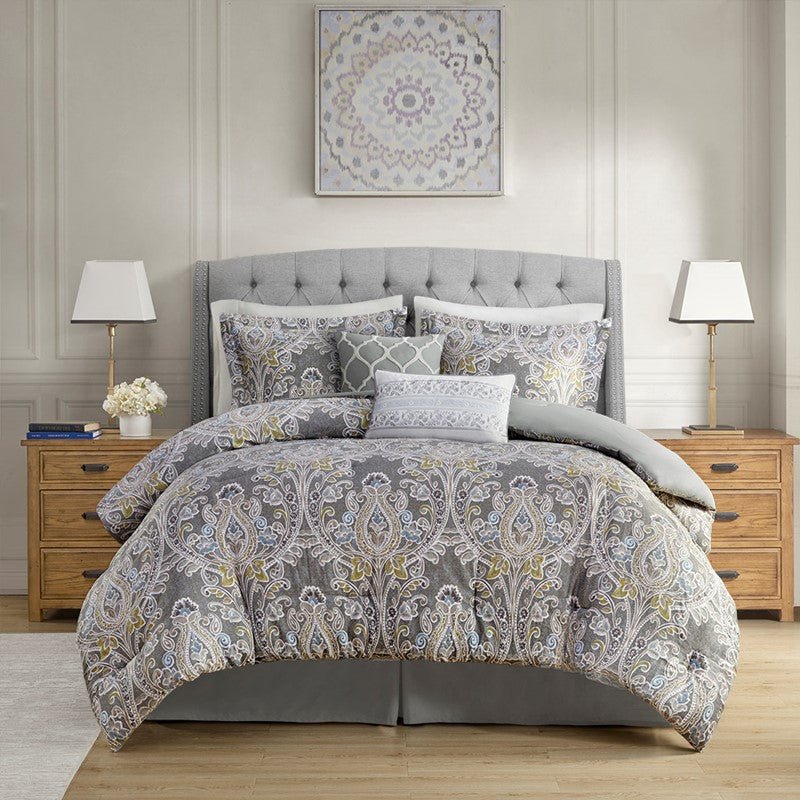 Hallie 6-Piece Cotton Damask Comforter Set | Grey - Quahog Bay Bedding