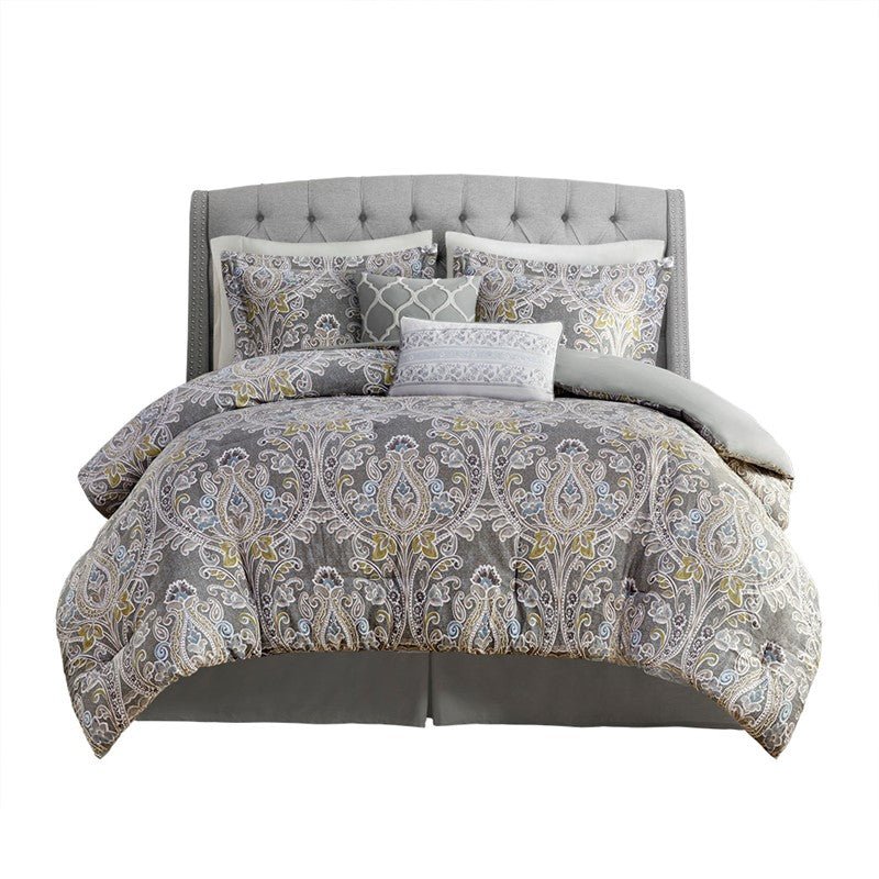 Hallie 6-Piece Cotton Damask Comforter Set | Grey - Quahog Bay Bedding
