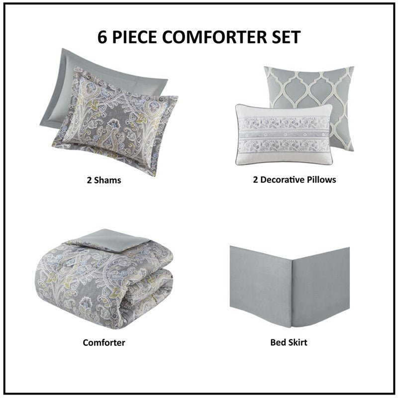 Hallie 6-Piece Cotton Damask Comforter Set | Grey - Quahog Bay Bedding