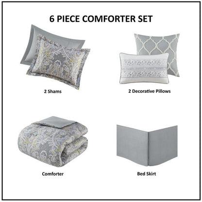 Hallie 6-Piece Cotton Damask Comforter Set | Grey - Quahog Bay Bedding