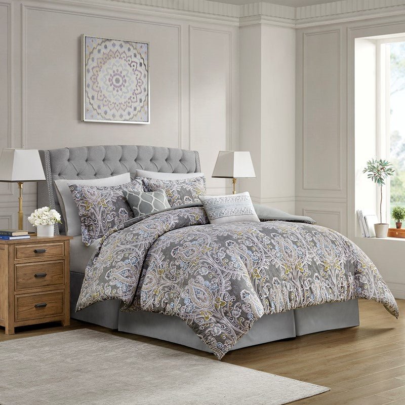 Hallie 6-Piece Cotton Damask Comforter Set | Grey - Quahog Bay Bedding