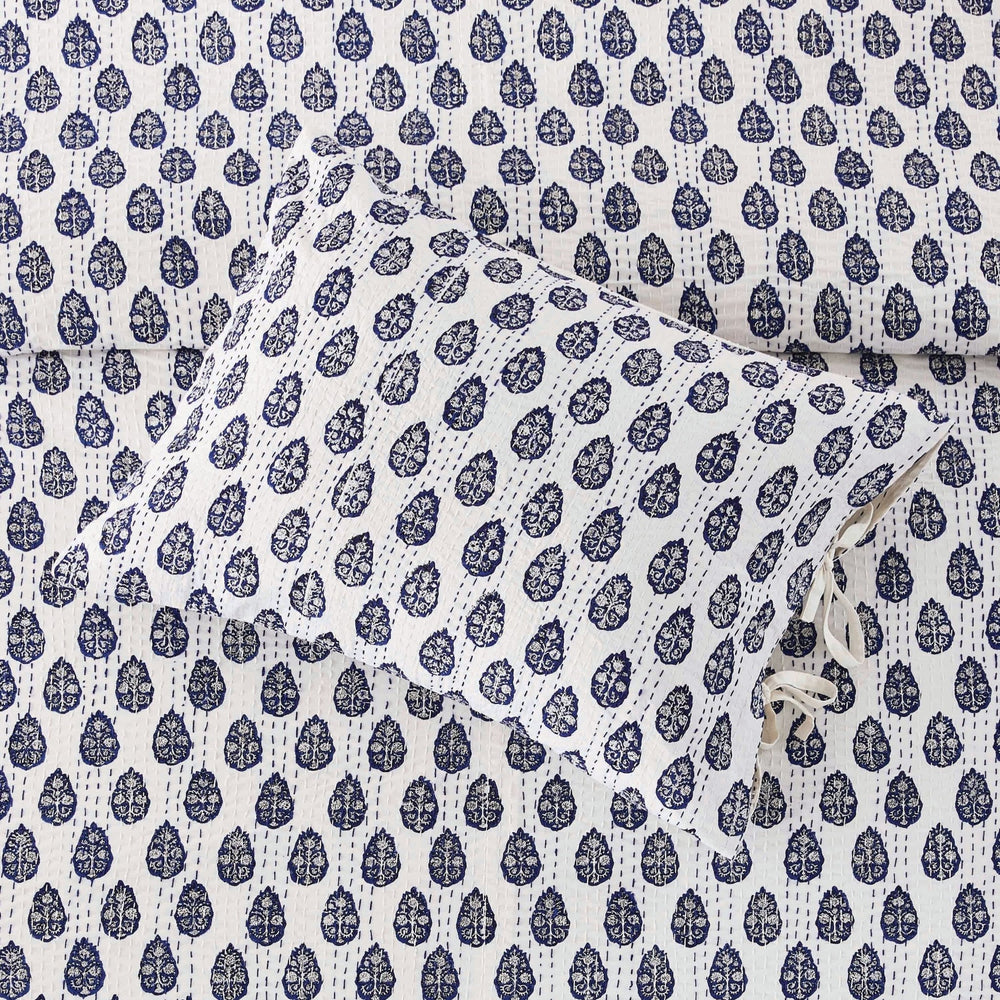 Hand Stitched Block Print Kantha Pillow Sham Pairs - Quahog Bay Bedding
