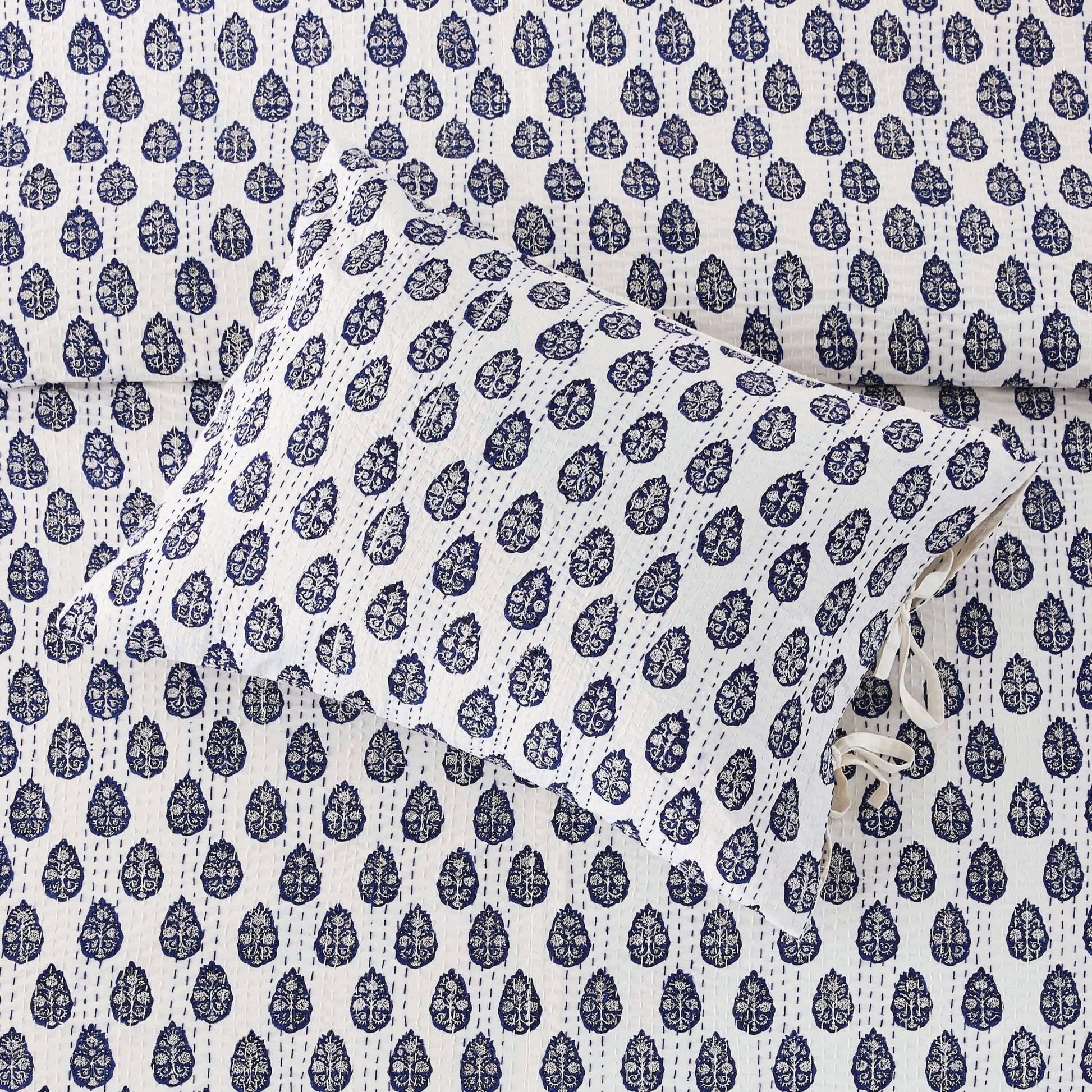 Hand Stitched Block Print Kantha Pillow Sham Pairs - Quahog Bay Bedding