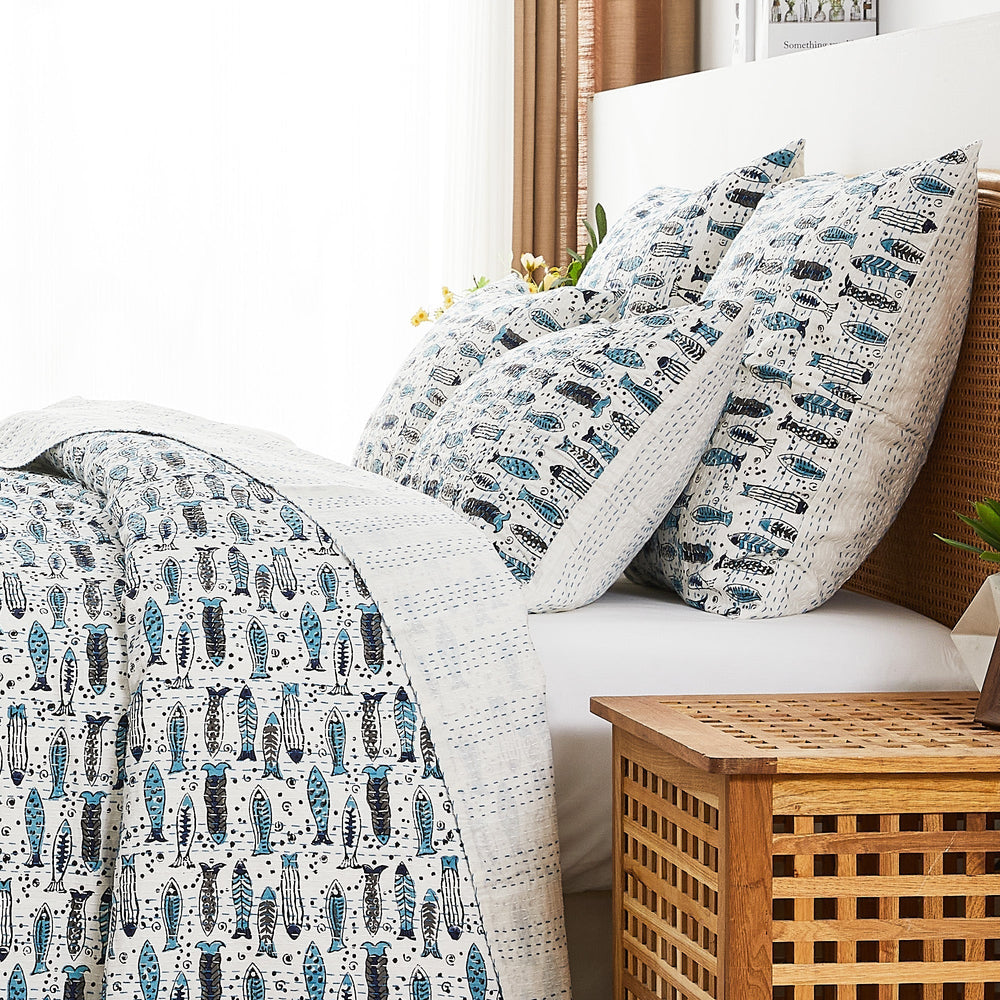 Hand Stitched Block Print Kantha Pillow Sham Pairs - Quahog Bay Bedding