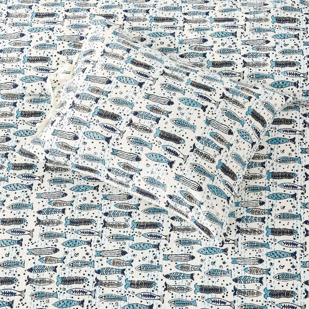 Hand Stitched Block Print Kantha Pillow Sham Pairs - Quahog Bay Bedding