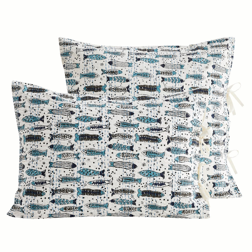 Hand Stitched Block Print Kantha Pillow Sham Pairs - Quahog Bay Bedding