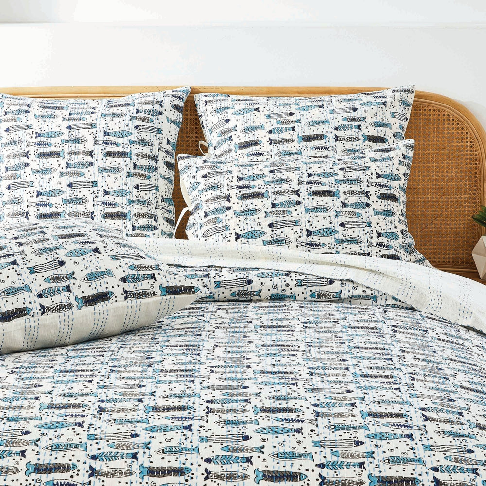 Hand Stitched Block Print Kantha Pillow Sham Pairs - Quahog Bay Bedding