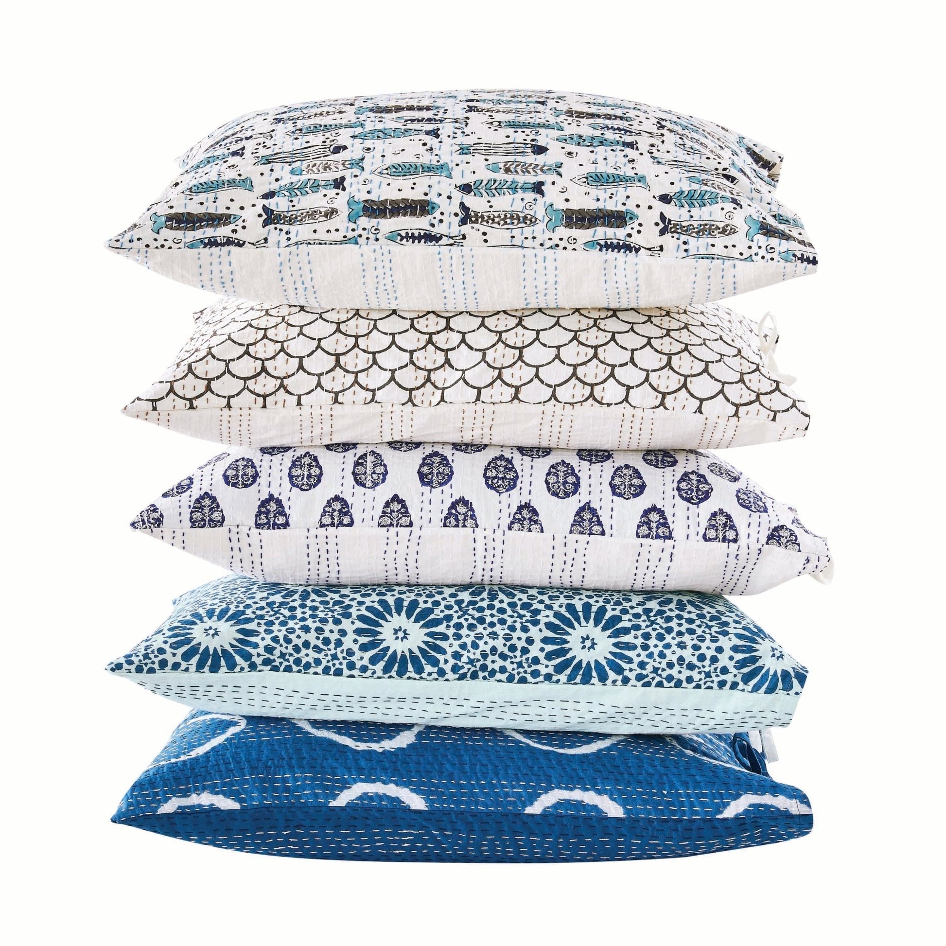 Hand Stitched Block Print Kantha Pillow Sham Pairs - Quahog Bay Bedding