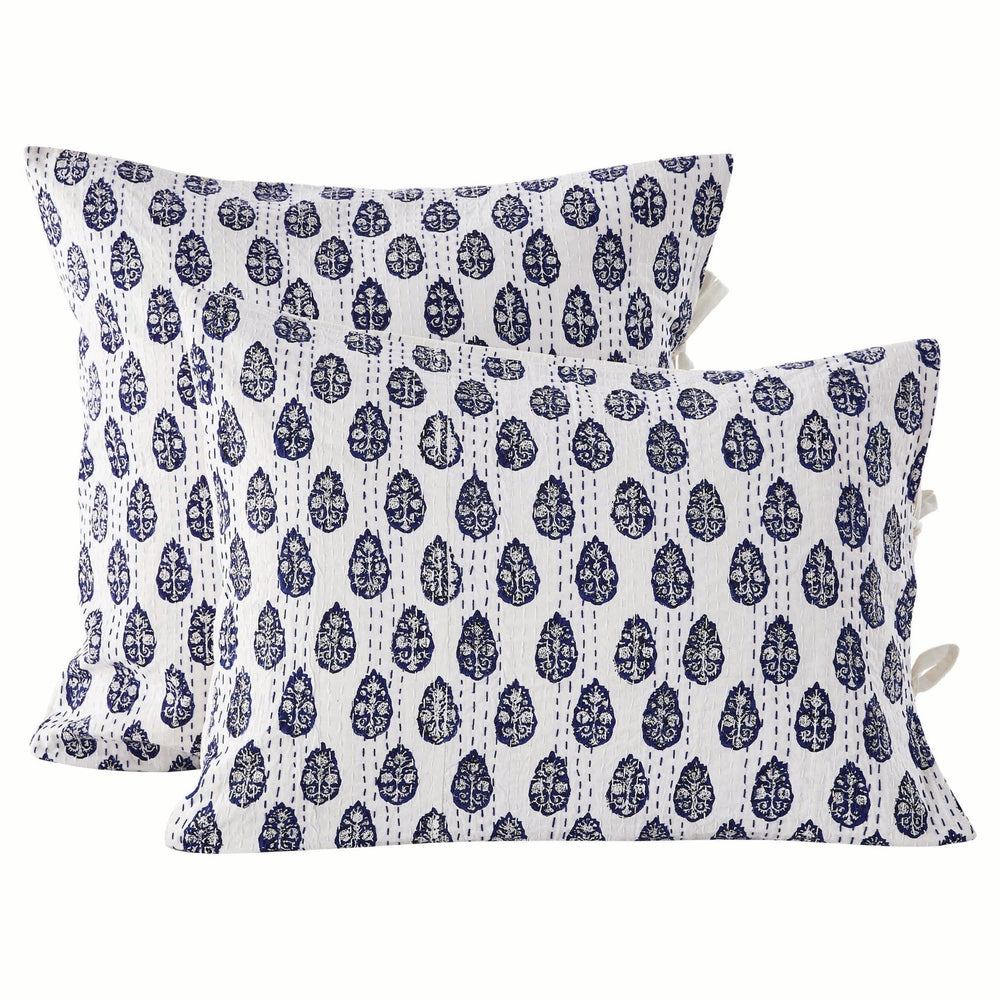 Hand Stitched Block Print Kantha Pillow Sham Pairs - Quahog Bay Bedding
