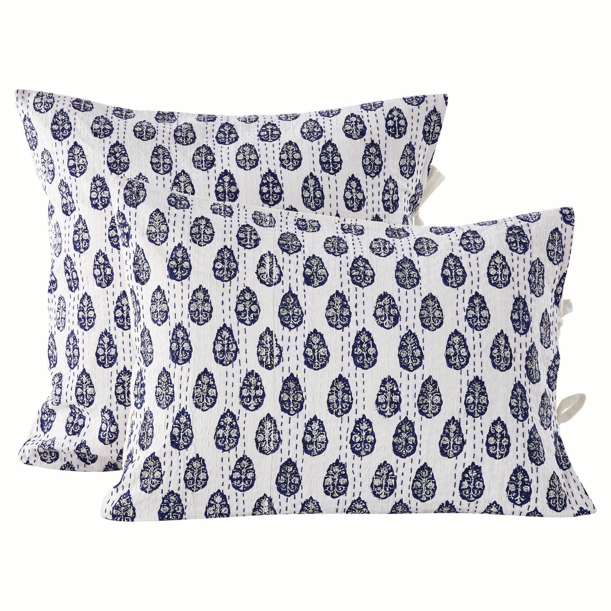 Hand Stitched Block Print Kantha Pillow Sham Pairs - Quahog Bay Bedding