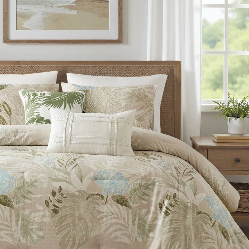Harbor House Kiawah Island Coastal Cotton Comforter Set with Throw Pillow 6PC - Taupe - Quahog Bay Bedding