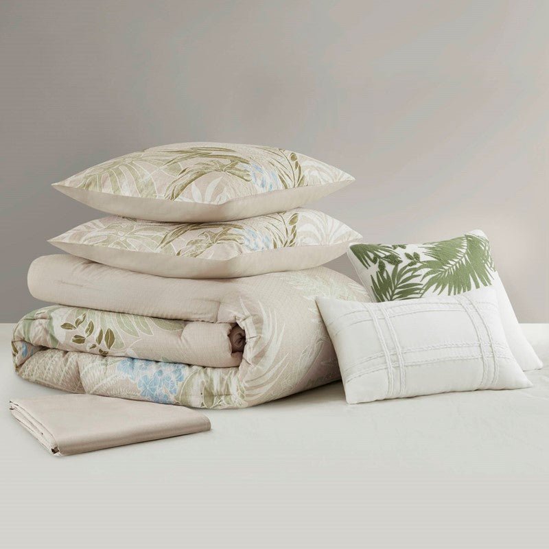 Harbor House Kiawah Island Coastal Cotton Comforter Set with Throw Pillow 6PC - Taupe - Quahog Bay Bedding