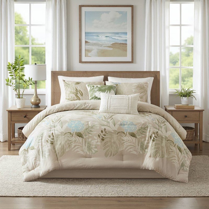 Harbor House Kiawah Island Coastal Cotton Comforter Set with Throw Pillow 6PC - Taupe - Quahog Bay Bedding