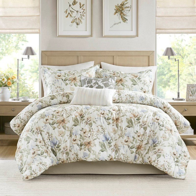 Herbal 6 Piece Cotton Sateen Print Oversized Comforter Set - Quahog Bay Bedding