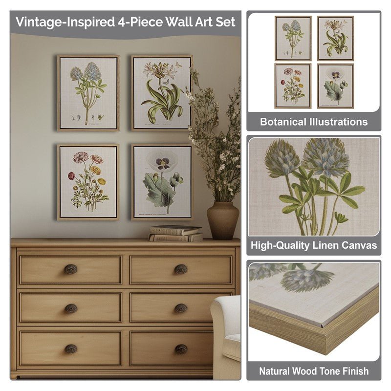 Herbal Botany 4 - piece Botanical Illustration Framed Canvas Wall Art Set - Quahog Bay Bedding