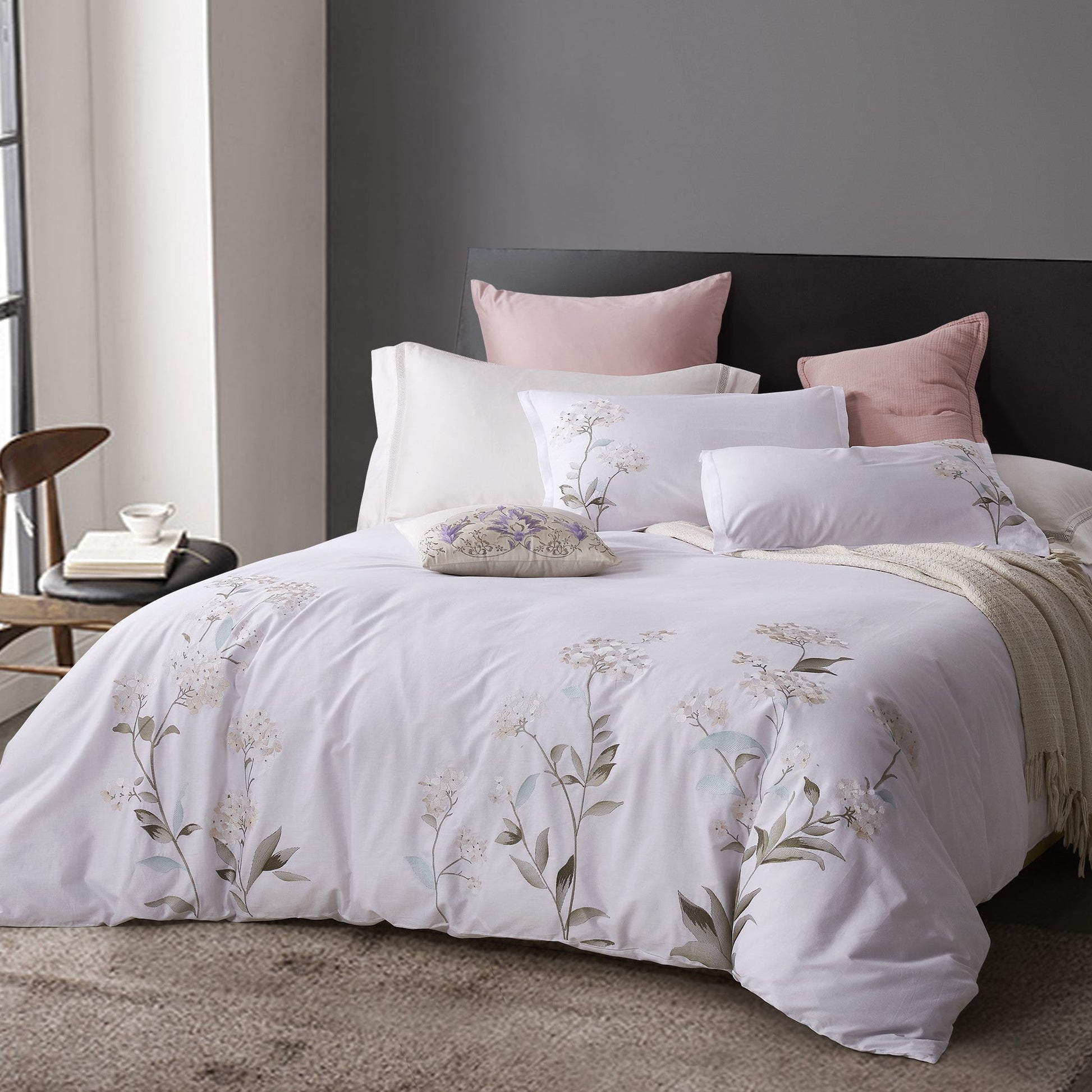 Hydrangea Floral 100% Cotton Embroidered Duvet Cover Set - Quahog Bay Bedding