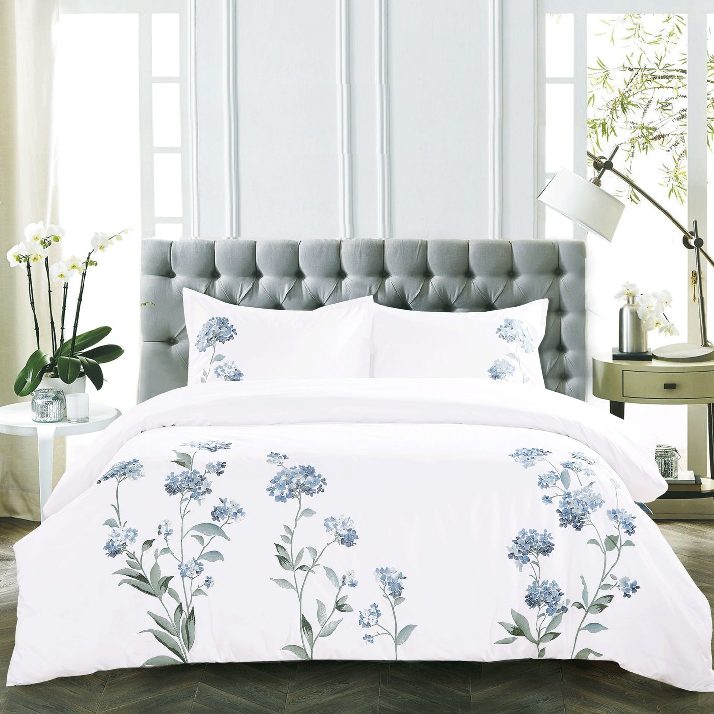 Hydrangea Floral 100% Cotton Embroidered Duvet Cover Set