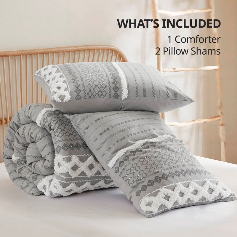 Imani Cotton Printed Comforter Set with Chenille Grey - Quahog Bay Bedding