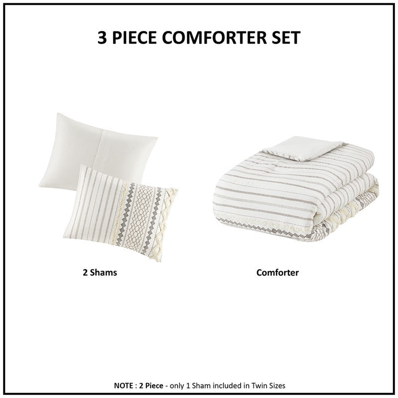 Imani Cotton Printed Comforter Set with Chenille Ivory - Quahog Bay Bedding