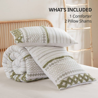 Imani Cotton Printed Comforter Set with Chenille - Sage & Ivory - Quahog Bay Bedding
